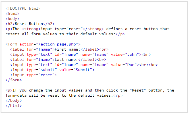 Input Type Reset in HTML