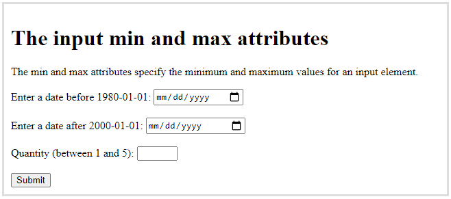 min and max attribute in HTML min and max attribute in HTML
