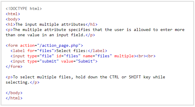 Input multiple attribute in HTML Input multiple attribute in HTML